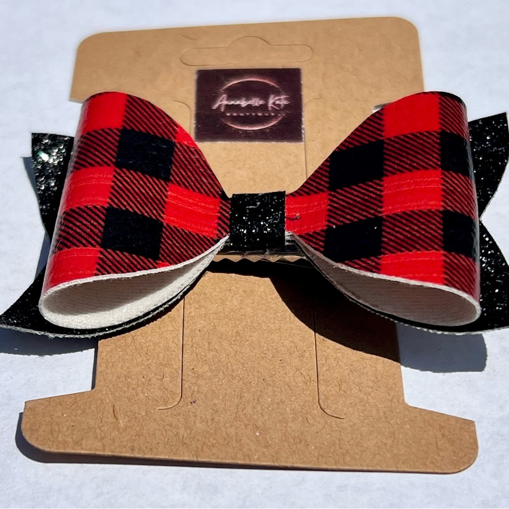 Boutique Custom Made Faux Leather Red & Black Plaid with Black Glitter Hair Bow